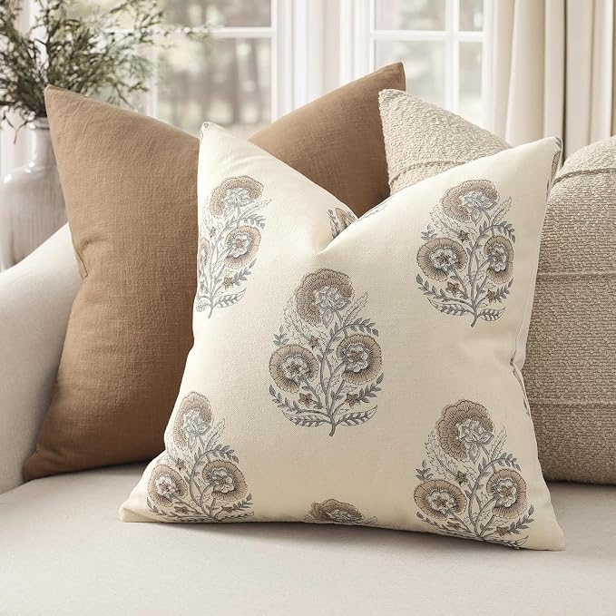 Vintage Floral Print Fall Pillow Covers 22x22 Set of 2 Patterned Accent Decorative Cushion Covers Modern Farmhouse Throw Pillow Covers for Sofa Couch Chair Bed Living Room Home Decor, Light Brown