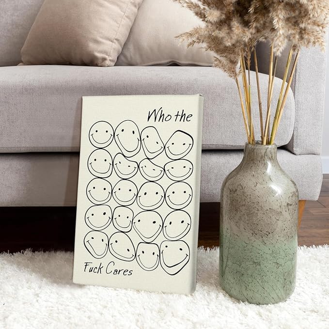 Funny Quote Canvas Wall Art Beige Smiley Face Line Art Print 12x16Inch | Unframed Modern Home Decor Humorous Wall Art for Bedroom, Bathroom, Office & Living Room Unique Humorous Wall Decoration Gift