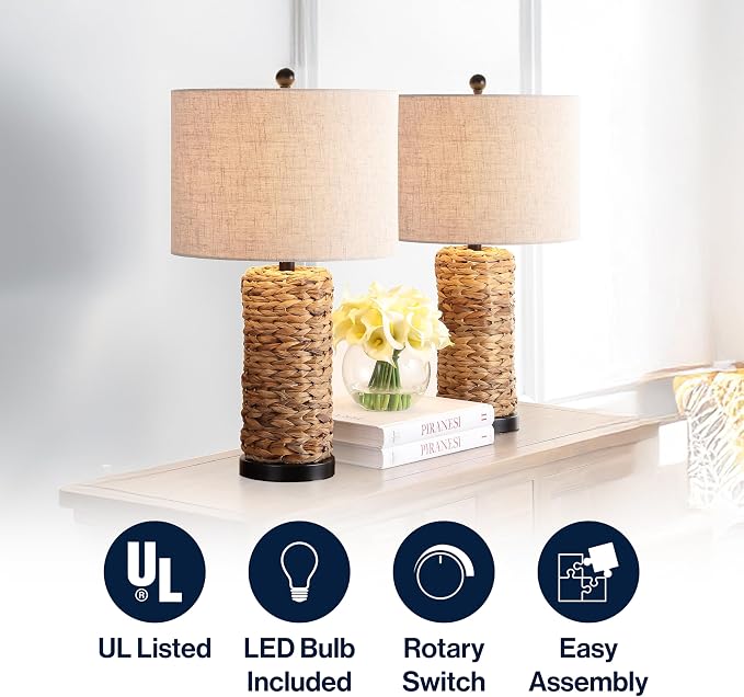 JONATHAN Y Elicia 25" Water Hyacinth Table Lamp, Natural, Set of 2