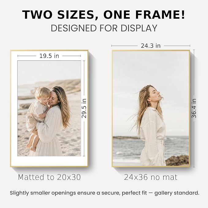 24x36 Poster Frame Gold, Aluminum Metal 24 x 36 Frame with Removable Mat, 24 by 36 Gold Picture Frame Matted to 20x30 Photo, Real Tempered Glass for Home and Office Gallery Wall, 1 Pack