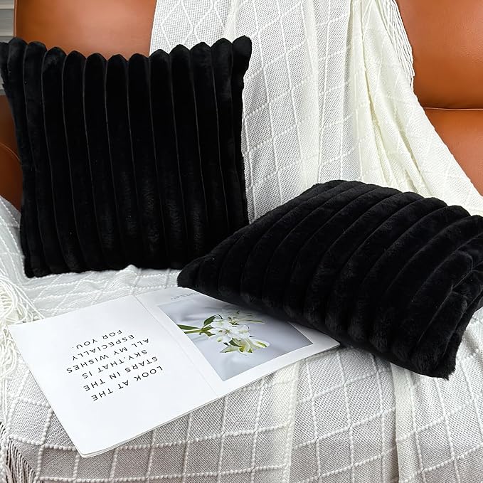 COTEY 20x20 Decorative Faux Fur Throw Pillow Covers Set of 2- Black