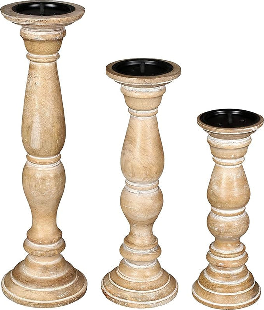 Rustic Candle Holder Set of 3 – 10", 8", 6" – Burnt Finish Wooden Pillar Stands for Wedding, Party, Home Décor, Spa – Country Style Gift for Table Centerpiece