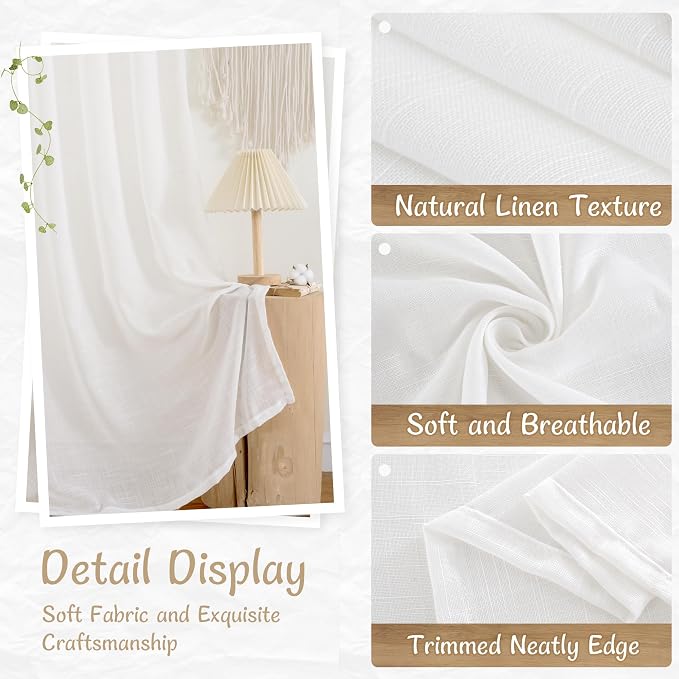 White Linen Sheer Curtains 96 Inches Long 2 Panels Set, 52 x 96 Inch | Light Filtering, Floor to Ceiling, Curtains for Living Room, Bedroom, Sliding Glass Door, Long, Back Tab Rod Pocket Panels