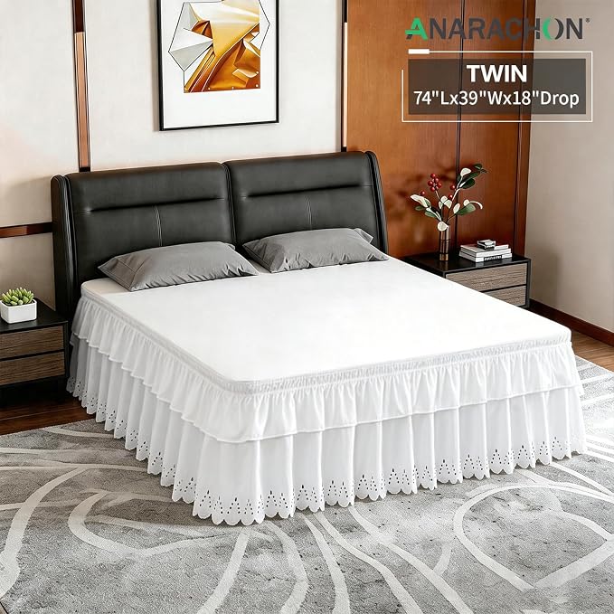 Twin Bed Skirt, Double-Layered Ruffled Eyelet Bed Skirt, Wrap-Around Elastic Dust Ruffle Twin Size with Gathered Styling and Embroidered Details, 18" Drop Length (White)