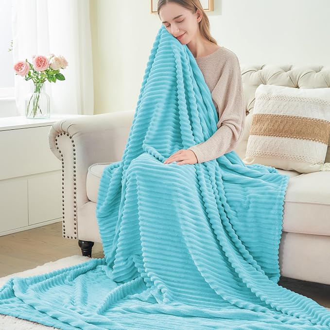 BEDELITE 3D Ribbed Light Blue Fleece Throw Blanket for Couch, 50x60 Inch | Soft Warm Decorative Fluffy Blanket, Cozy Plush Lightweight Fuzzy Throw Blanket for Bed Sofa Home Room Decor, Gift for Women