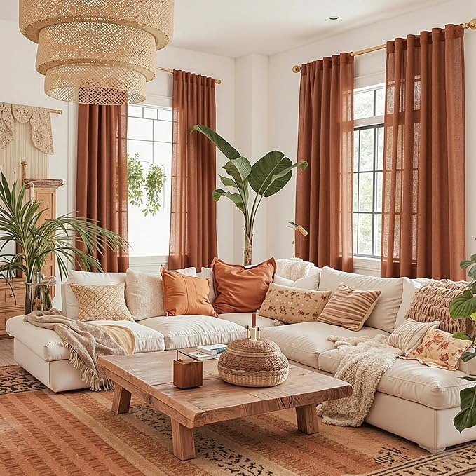 MYSKY HOME Terracotta Curtains for Bedroom Living Room 84 Inches Long Light Filtering Semi Sheer Boho Burnt Orange Curtains Window Drapes Privacy Back Tab Farmhouse Rustic Modern Country, 2 Panels