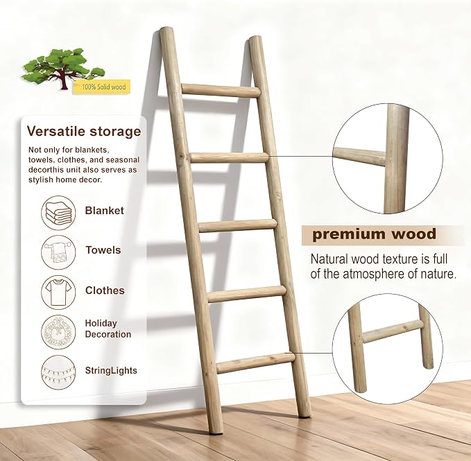 Wooden Blanket Ladder - 57in Natural Wood Color- Leaning Wall Decor for Bedroom, Bathroom, Living Room - Rustic Quilt Holder (Natural Wood Color, 57in | Knock Down)