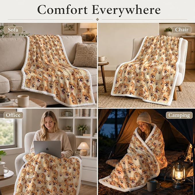 BlessLiving Throw Blanket, Dog Animal Gift, 60x80 in | sherpa fleece fabric, Pomeranian Golden Dense Pet Blankets Puppy print, for couch or sofa, pet lovers, easy machine care