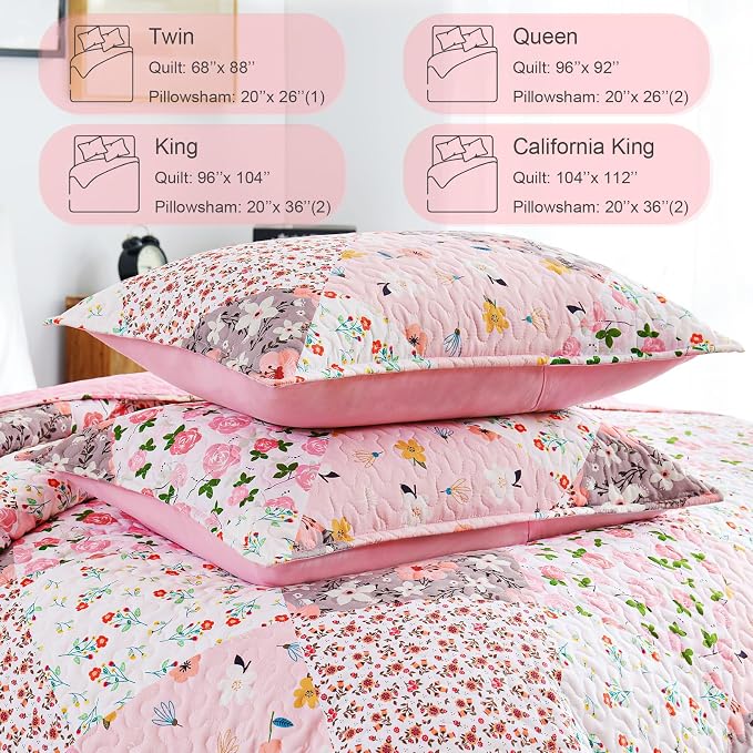 Whale Flotilla Patchwork Quilts Twin Size, Extra Soft Floral Bedspreads | Pink Reversible Lightweight Twin Quilt Bedding Set for Bed, Printed Coverlets with 1 Pillow Sham for All Seasons