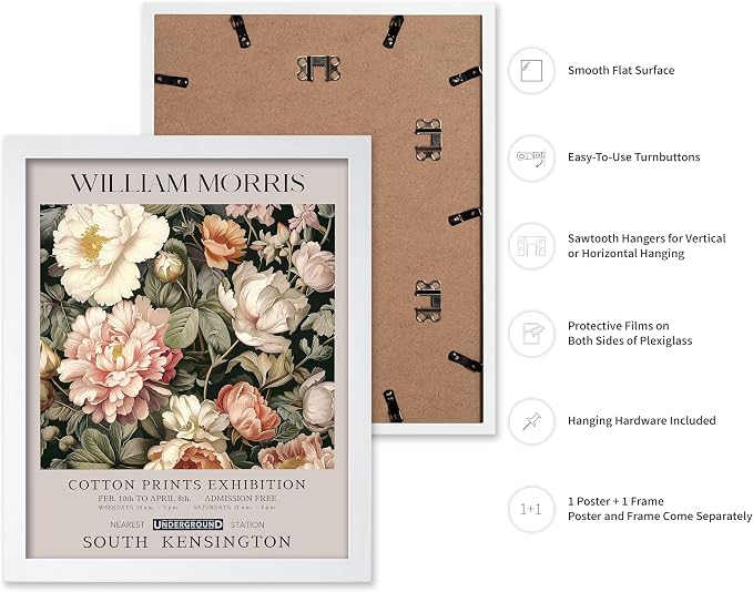 Poster Master William Morris Poster - Pink Peonies Print - Flower Art - Botanical Art - Exhibition Illustration - Textile Pattern Illustration - Floral Illustration - Aesthetic Office or Bedroom Decor - 11x14 White Framed