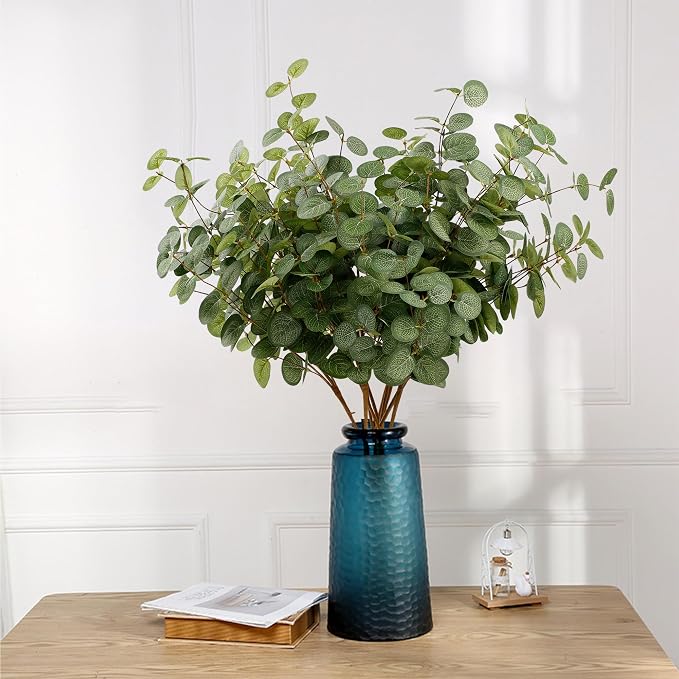 HNVNER 6 Bunches Artificial Eucalyptus Stems 24" Faux Eucalyptus Leaves Branches Silk Fake Green Foliage Artificial Plants Greenery for Flower Arrangement Home Wedding Party Decoration