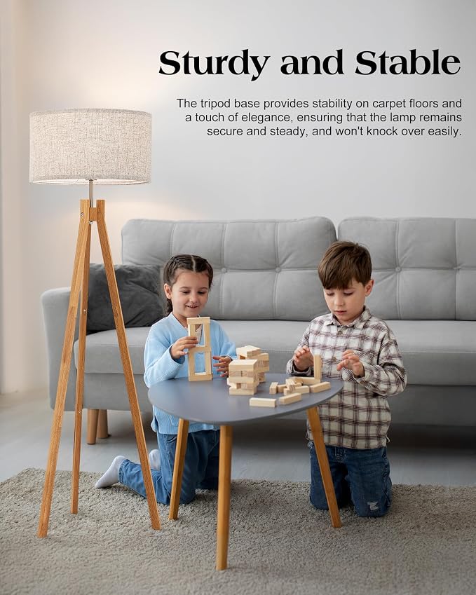 ELYONA Nordic Wood Tripod Floor Lamp, Modern Reading Standing Lamp for Living Room 3 Color Temperatures LED Bulb Included Flaxen Lamp Shade, Boho Natural Wooden floor lamp for Bedroom Office Kids Room