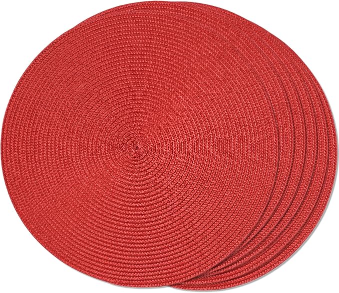 FunWheat Round Braided Placemats Set of 6 Table Mats for Dining Tables Woven Washable Non-Slip Place mats 15 inch (red, 6pcs)