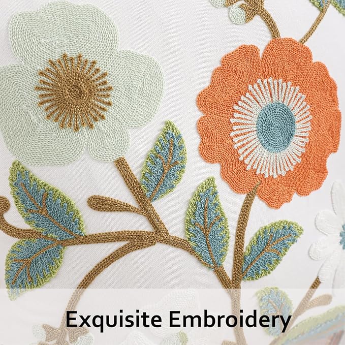 Embroidered Throw Pillow Covers 18x18 Pack of 2 Green and Orange Pillow Covers Flowers with Leaves Pillow Cushion Case Summer Decorative Farmhouse Pillowcases Square Rustic Floral Pillow Case