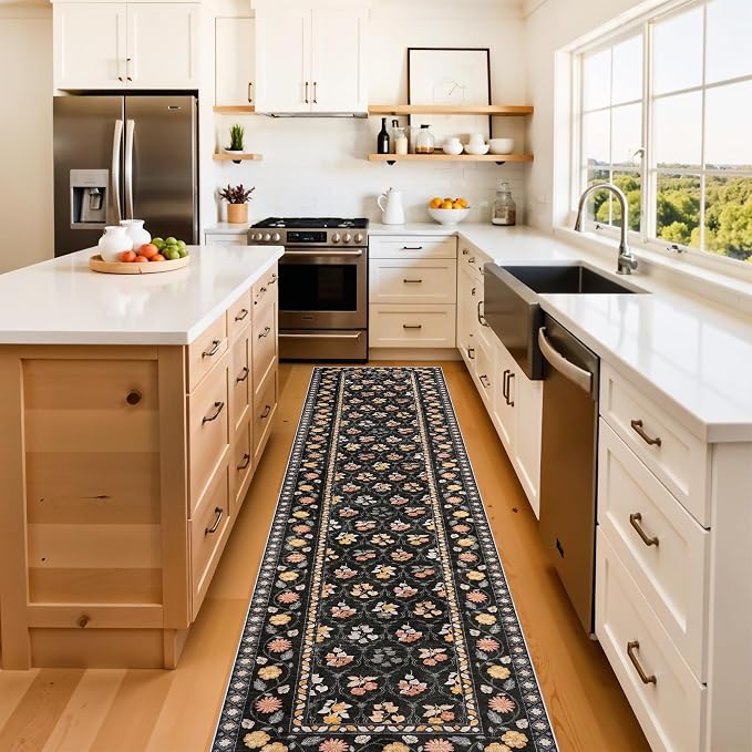 Washable Kitchen 2x10 Runner Rug: Non-Slip Long Hallway Entryway Rugs Indoor Low Pile Carpet for Bedroom Laundry Stain Resistant Vintage Soft Thin Floor Decor Mat for Bathroom (Floral/Black,2x10)