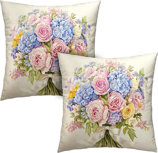 Spring Summer Floral Pillow Covers 22x22 Pink Rose Blue Hydrangea Throw Pillow Covers Exquisite Bouquet Pillow Case Flowers Cushion Case for Living Room Couch Sofa 2 Pack