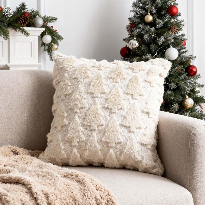 ONFAON Christmas Decorations -Christmas Pillow Covers 18 x 18 Inches Set of 2,Soft Plush Faux Fur Wool Beige Xmas Tree Throw Pillow Cases Winter Holiday Decor for Sofa Living Room