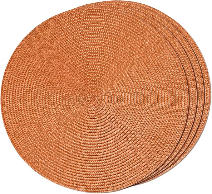 FunWheat Round Braided Placemats Set of 4 Table Mats for Dining Tables Woven Washable Non-Slip Place mats 15 inch(Pumpkin Orange,4pcs)