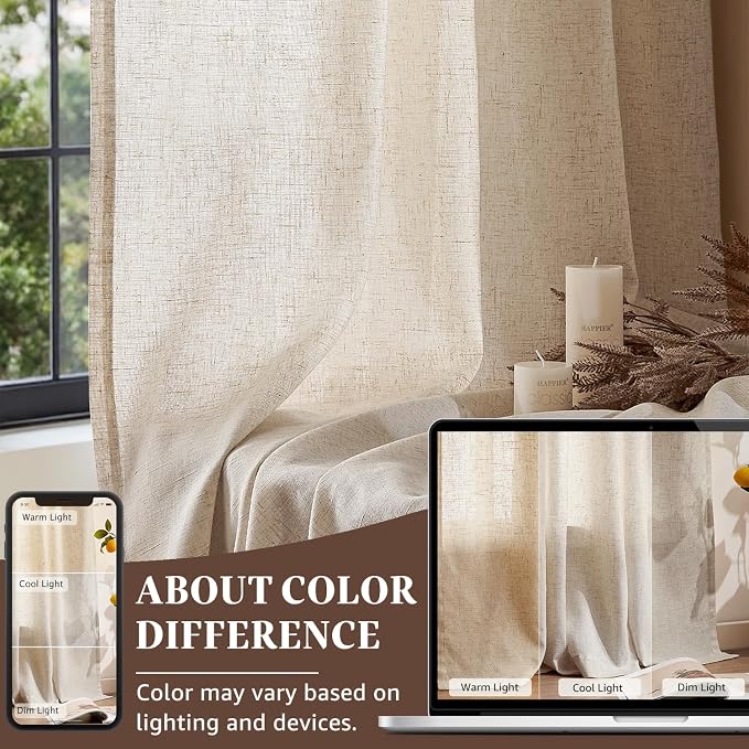 jinchan Linen Curtains Light Filtering Back Tab 50x84 Inch 2 Panels Beige | Semi Sheer Curtains 84 inch length for Bedroom Living Room, Modern Farmhouse Drapes with Rod Pocket, Natural Boho Curtains