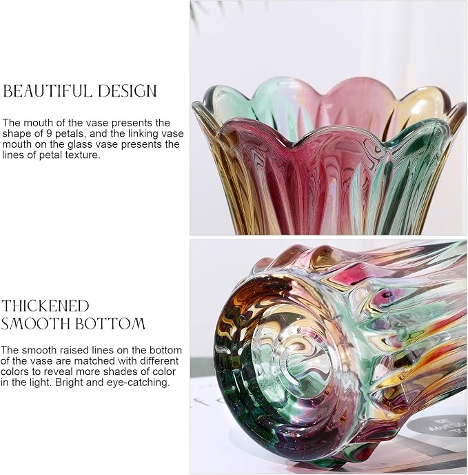 Glass Colorful Vase,Glass Flower Vase Decor for Home Dining Table Living Room,Office Wedding Holiday Party,Handmade Pattern(Phoenix Tail Style)