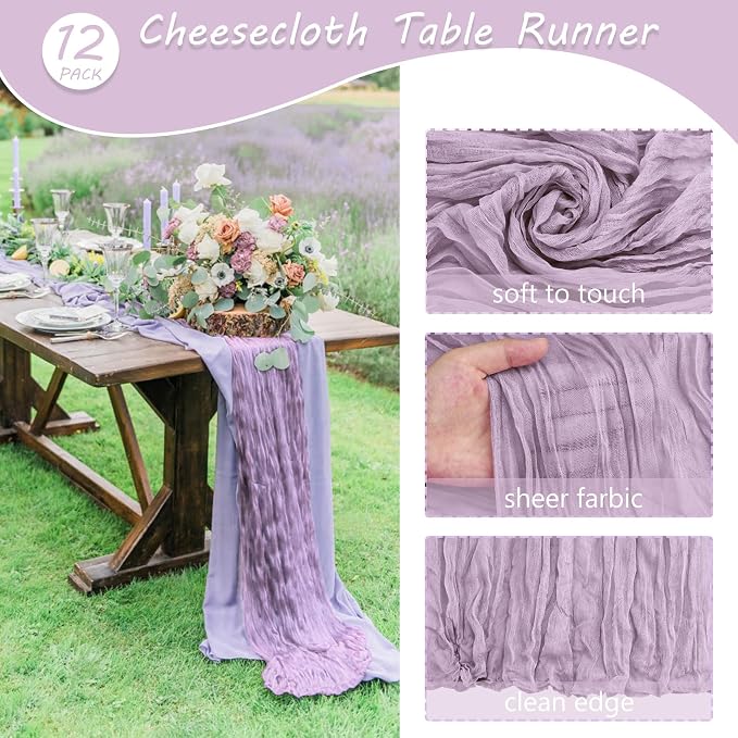 12 Pack Boho Gauze Table Runner - 35x72 Inch Rustic Cheese Cloth Long Runner for Wedding, Bridal Shower, Birthday Party Decor (Light Purple)