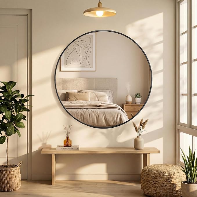 DUMOS 28 Inch Round Wall Mirror, Bathroom Mirror, Black | Metal Frame, HD Reflection Shatterproof Glass Vanity, Decor for Bathroom Vanity Bedroom Entryway
