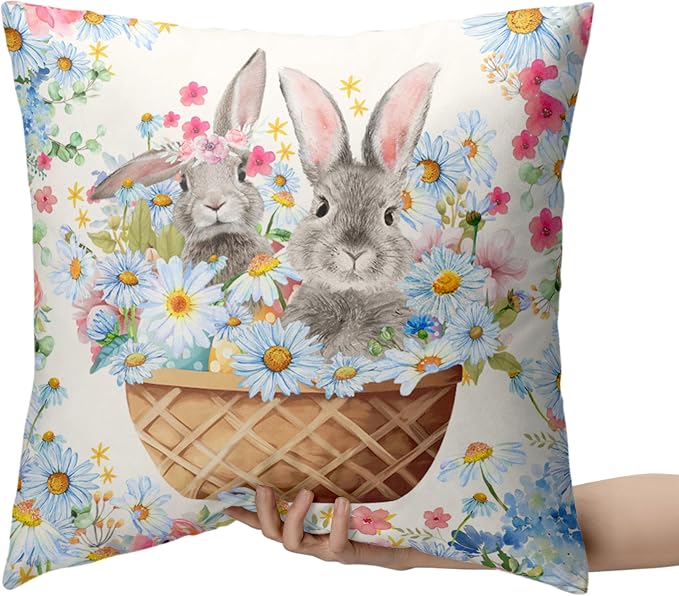 Easter Bunny Pillow Covers 20x20 Spring Rabbit Daisy Floral Throw Pillow Covers A Basket Filled with Lovely Bunny and Flowers Pillowcase Cushion Case for Sofa Patio Garden 2 Pack