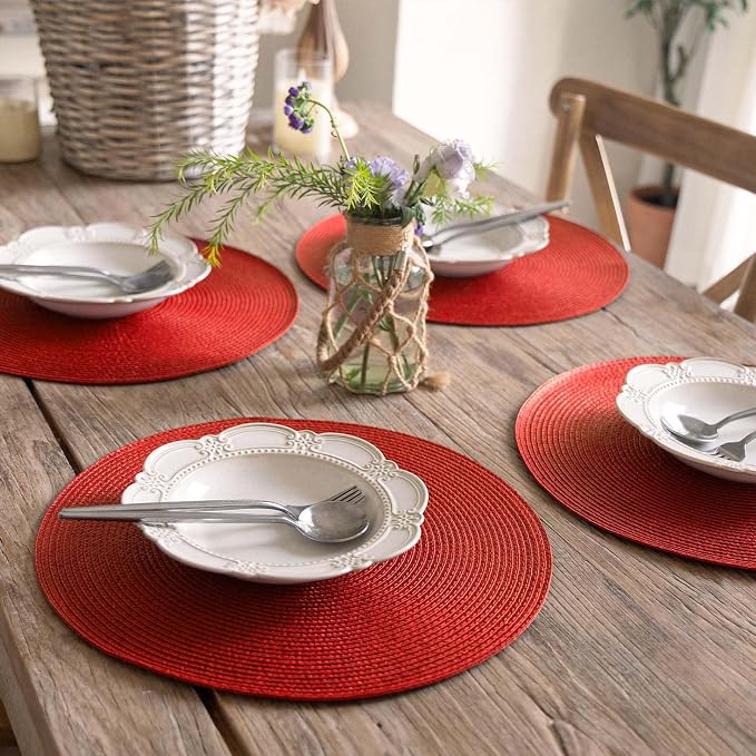 FunWheat Round Braided Placemats Set of 8 Place Mats for Dining Table Woven Washable Non-Slip Table Mats 15 Inch(Red,8pcs)