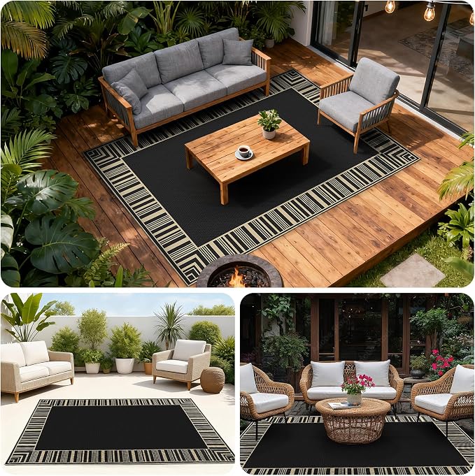 COZYLOOM 8x10 Easy Jute Outdoor Patio Rug Washable Living Room Rug with Rubber Backing, Stain Resistant Neutral Striped Border Rugs Non Shedding Foldable Mats for Bedroom, Dining Room, Backyard, Black