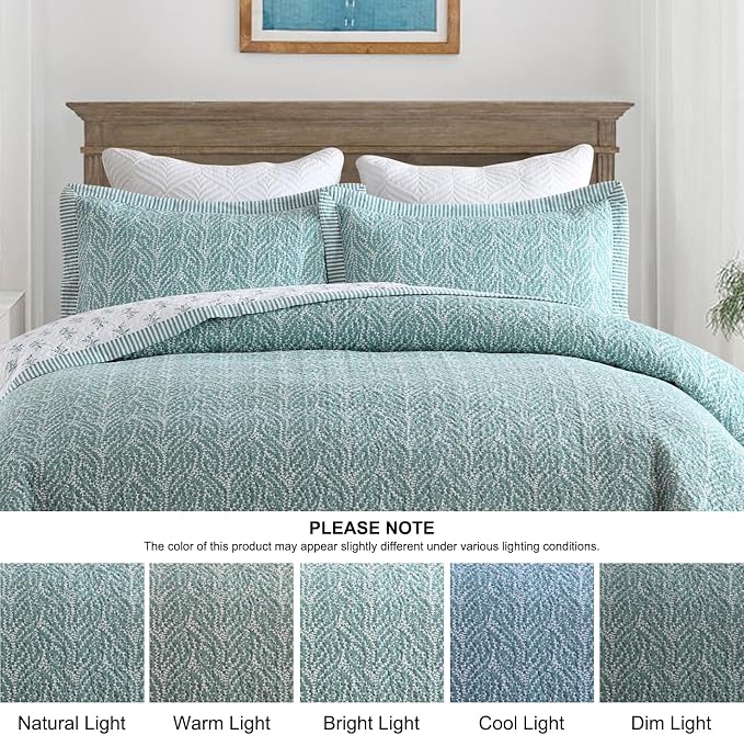 SahSahCasa Quilt Set Queen Size, 100% Cotton Quilt Bedding Set Bedspread, Botanical Pattern Solid Color Chic Lightweight Quilted Comforter for Queen Bed, White/Teal, All Season, 3PCs