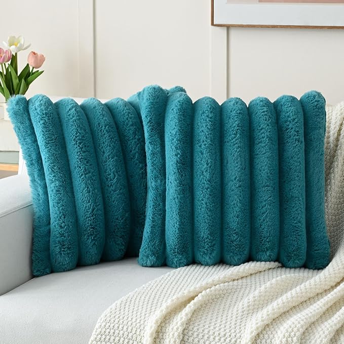 HAUSSY Pack of 2 Pillow Covers 16x16 Inch, Faux Fur Decorative Couch Throw Pillows Soft Striped Plush Cushion Covers Home Decor Cute Furry Pillowcase for Living Room Sofa Bed, Teal (Covers Only)