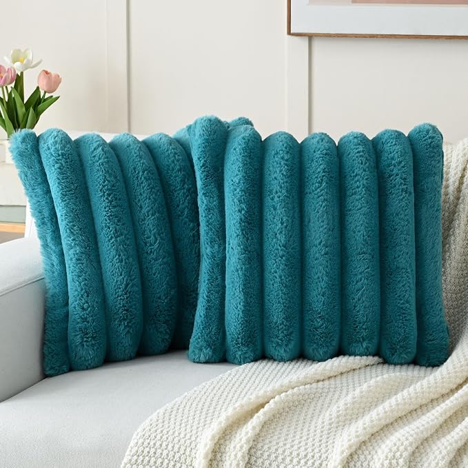 HAUSSY Pack of 2 Pillow Covers 20x20 Inch, Faux Fur Decorative Couch Throw Pillows Soft Striped Plush Cushion Covers Home Decor Cute Furry Pillowcase for Living Room Sofa Bed, Teal (Covers Only)