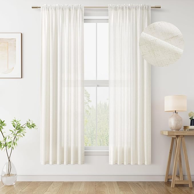 Linen Curtains 72 Inches Long for Living Room Natural Cream Semi Sheer Curtain Rod Pocket 2 Panels Set Boho Farmhouse Light Filtering Window Drapes for Bedroom Beige Ivory 52x72