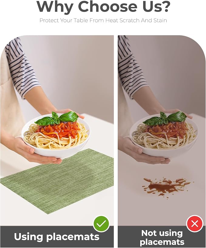 Leetaltree Bean Green Woven Placemats Set of 24 - Heat Resistant Non-Slip Place Mats for Dining Table, Washable Durable PVC Table Mats(Bean Green, 24)