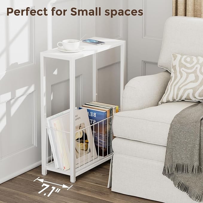 Homleke Narrow Side Table with Magazine Holder, Skinny End Table | Space-Saving Design, Small Spaces, Storage Shelf, Metal Frame, Easy Assembly, 7.1" D x 16.9" W x 23.6" H, White