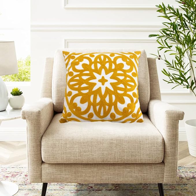Alysheer Embroidered Decorative Throw Pillow Cover 20"x 20", Boho Mandala Modern Thick Embroidery Pattern, Durable Cotton Canvas Soft Cushion Case for Sofa Couch Bed Living Room (Mustard Yellow)