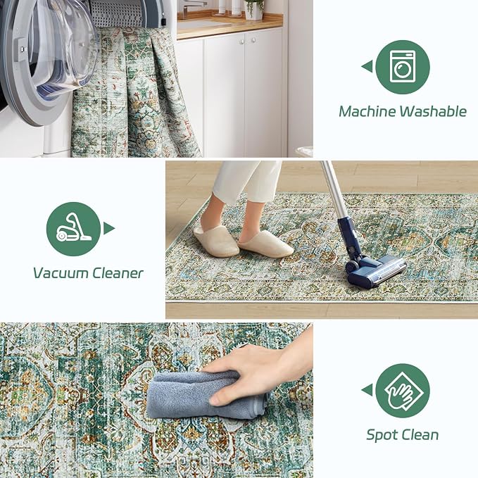 Madane Washable Runner Rugs 2x12 Long for Hallway Kitchen Soft, Green | Non-Slip Vintage Printed 12ft Rug Runners with Rubber Backing, Low-Pile Floor Carpet Laundry Room Entryway, Corridor