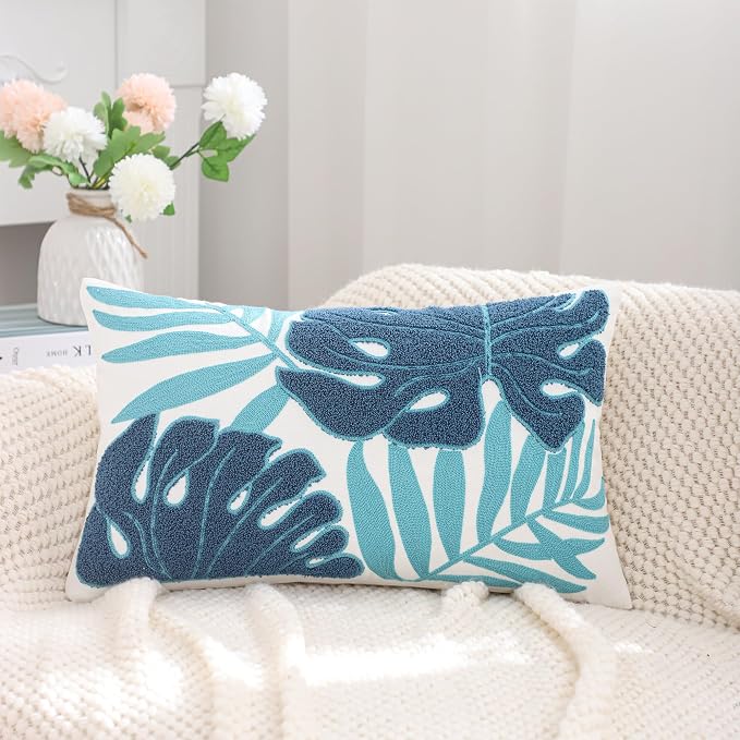 Embroidered Throw Pillow Covers 12x20 Pack of 2 Blue Botanical Leaf