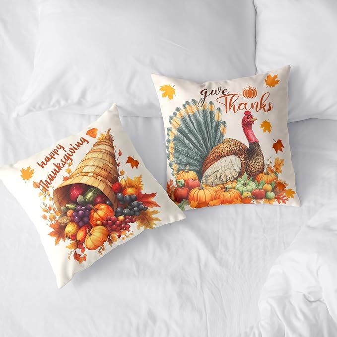 Set of 2 Thanksgiving Throw Pillow Covers 16x16 Turkey with Autumn Pumpkin Pillow Covers Fall Harvest Pillow Case Square Cushion Case for Living Room Couch