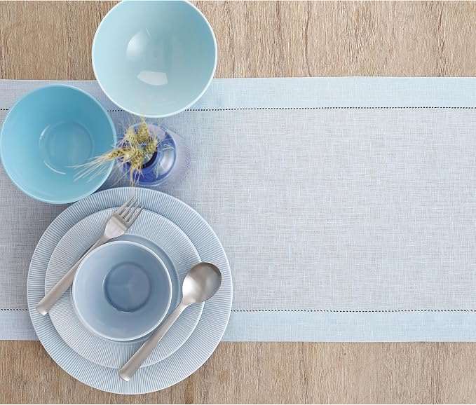 Solino Home 100% Pure Linen Table Runner Blue, Classic Hemstitch 14 x 72 in | a graceful centrepiece for dining and gatherings, hemstitched border, mitered corners, machine washable, OEKO-TEX Certified