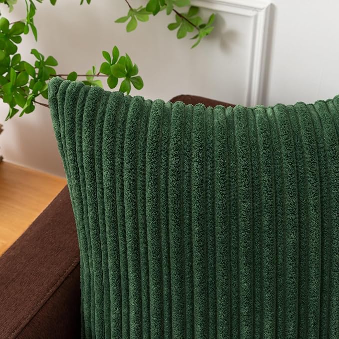 Kevin Textile Striped Corduroy 24”x24” Pillow Covers 2 Pack, Xmas Green