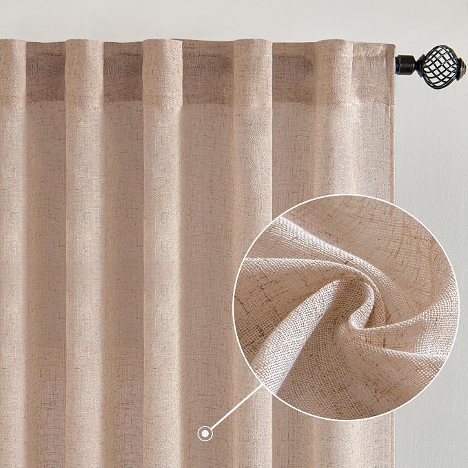 MIULEE Natural Beige Linen Curtains 52x54 Inch Long for Bedroom Living Room | 2 Panels, Soft Linen Textured Window Drapes, Semi Sheer Light Filtering, Back Tab Rod Pocket, Farmhouse Burlap Look Decor