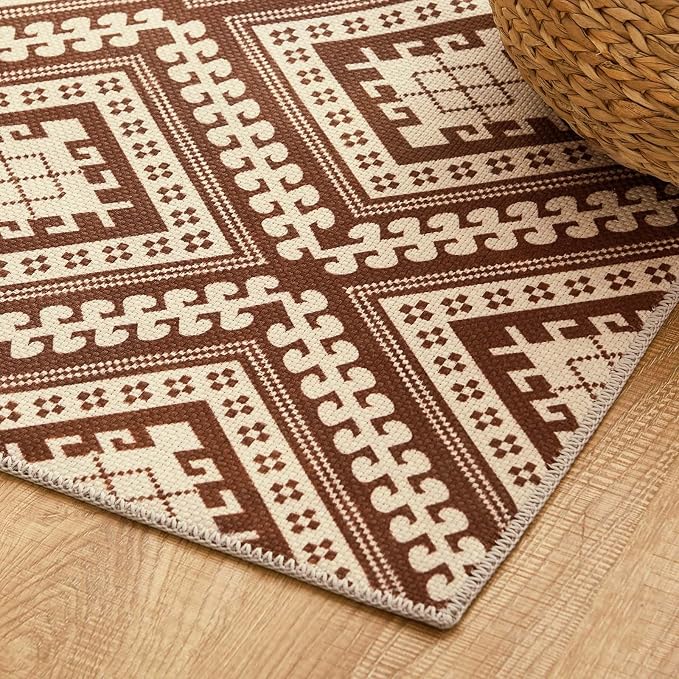 jinchan 8x10 Faux Jute Area Rug Washable Tile-Inspired Rug Terracotta Brown | Vintage Geometric, Non-Slip, Low Pile, Indoor Outdoor, Natural Fiber Look, Living Room, Dining Room, Backyard, Bedroom, Patio