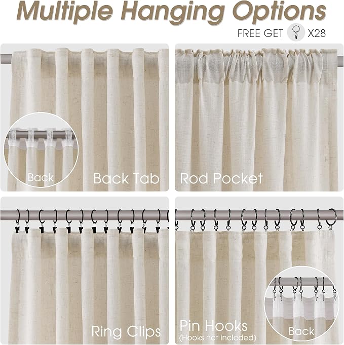 Extra Long Linen Curtains 108 Inches for Living Room Back Tab Semi Sheer High Floor to Ceiling 9ft Light Filtering Curtain Boho Farmhouse Decor Window Drapes for Bedroom 2 Panels Beige Cream
