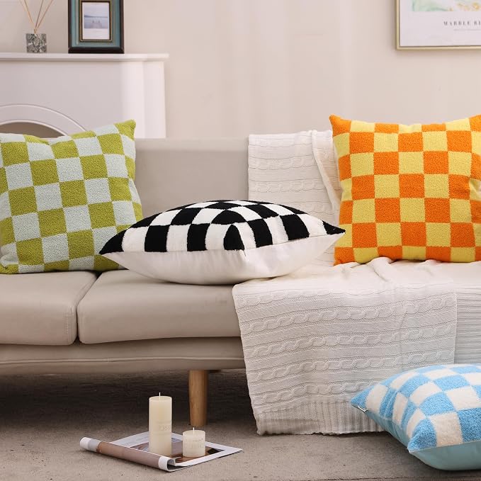 Alysheer Checkered Embroidered Throw Pillow Covers 18"x 18" 2pc Blue White