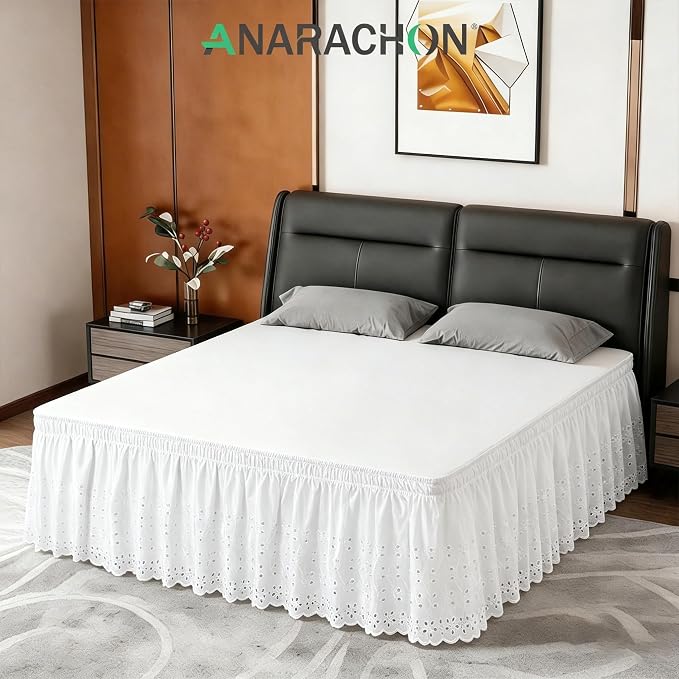 ANARACHON Full Bed Skirt, Wrap-Around Elastic Ruffled Eyelet Bed Skirt Full Size Dust Ruffle with Gathered Styling and Embroidered Details, 18" Drop Length (White)