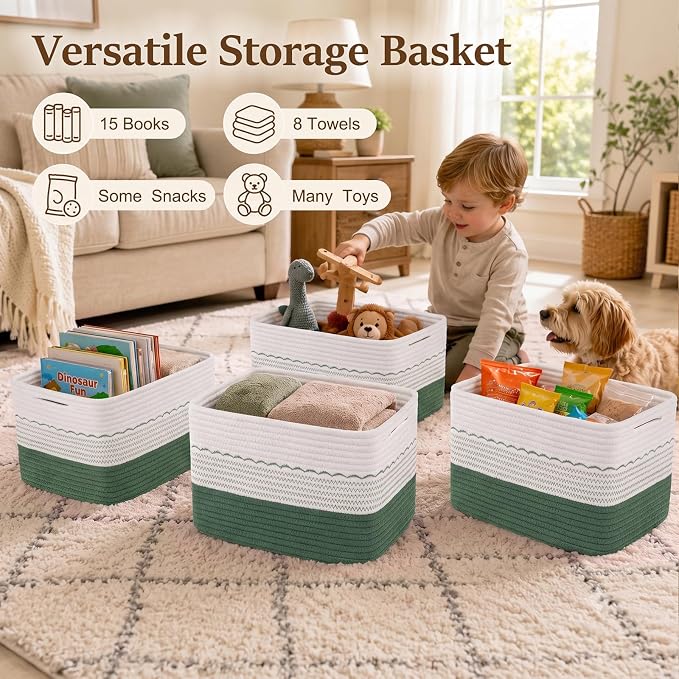 OIASKET 4 Pack Storage Baskets for Organizing, 13"X9"X7.87", Decorative Cotton Rope Baskets for Shelves, Small Woven Basket for Toys, Books and Towels, Green & White