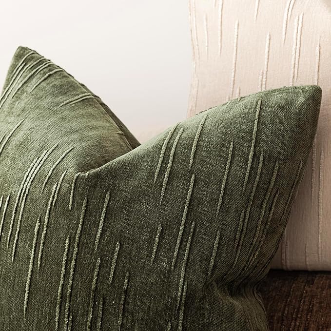 Foindtower Pack of 2 Slubby Textured Chenille Throw Decorative Pillow Covers Square Accent Solid Cushion Cover Soft Farmhouse Pillow Case for Couch Sofa Bedroom Living Room 20x20 Inch,Dark Olive Green