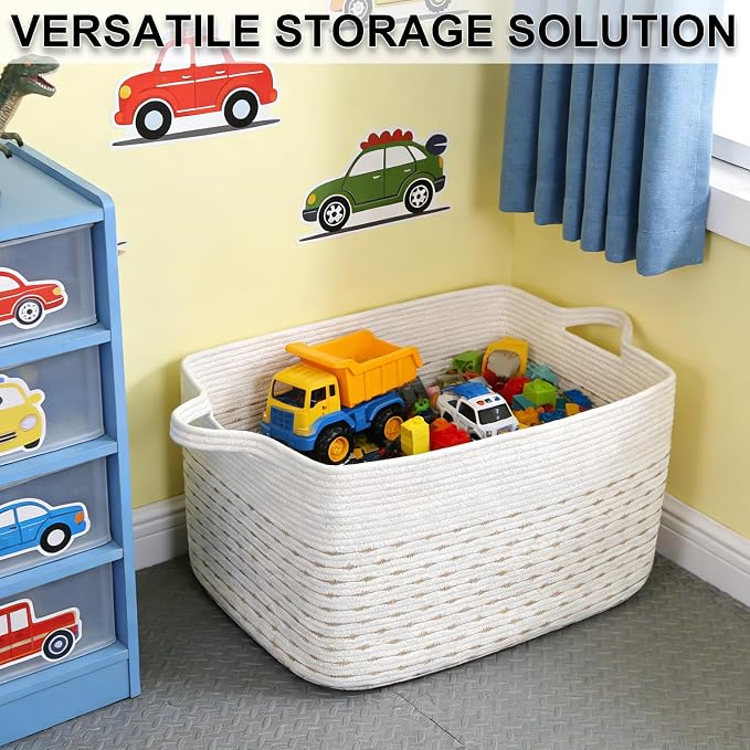 65L Large Laundry Basket with Handles,Woven Blanket Basket,Yellow | 21"×16"×12" Collapsible Cotton Rope Storage Basket for Toys Clothes & Pillows, Nursery, Bathroom, Bedroom, Living Room
