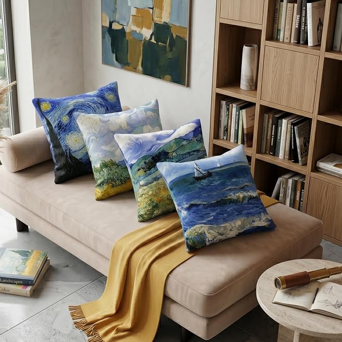 Vincent Van Gogh Pillow Cases Set of 4 Abstract Art Design Cushion Covers Square Decorative Pillow Covers for Famous Painting Fans 18 x 18 Inches